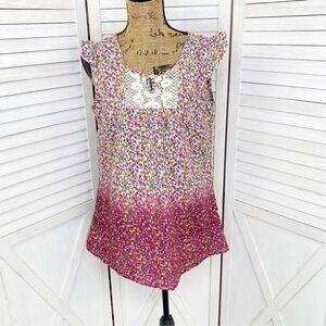 Art & Soul Shit Top Blouse Floral Ombre Ruffle Cap Sleeve Pink White Small